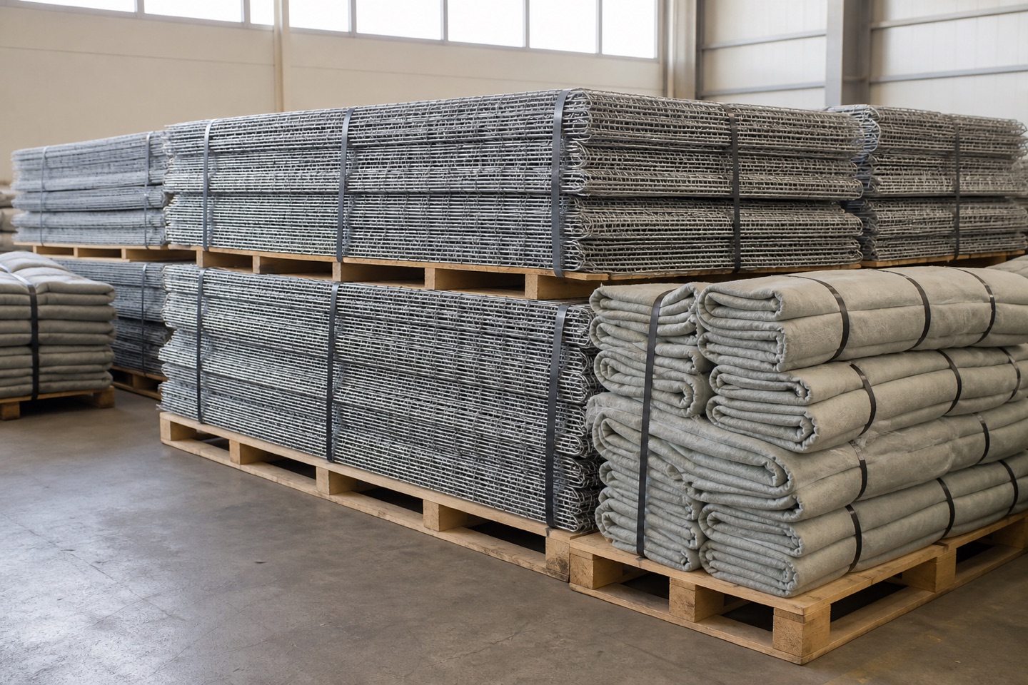 Illustration of folded mesh units and liners prepared on pallets